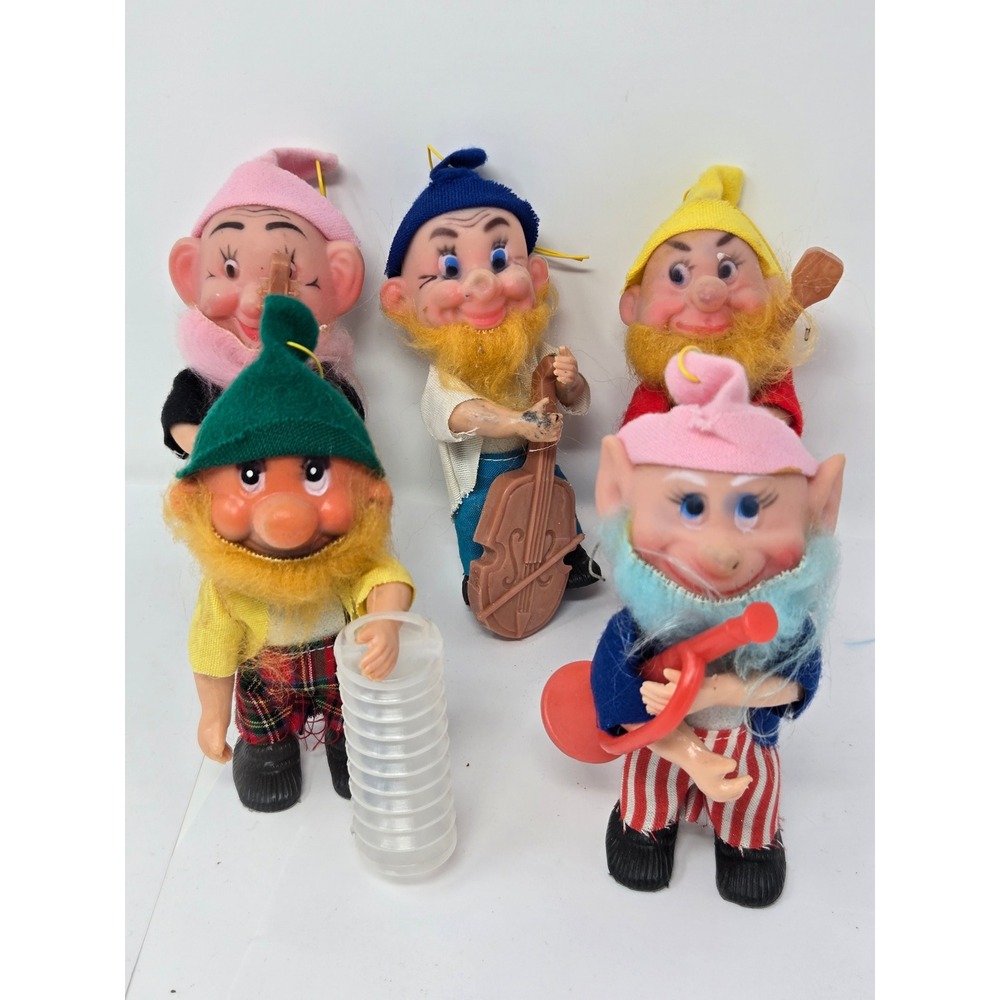Vintage Musical Troll Gnome Ornaments Doll Set Mid Century Plastic Felt Figurine